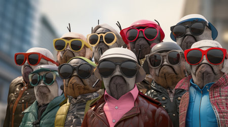 A group of dogs wearing sunglasses and jackets. AIの素材