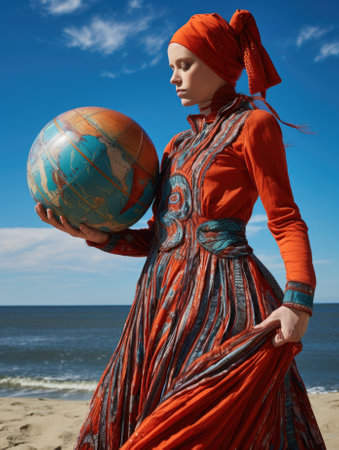 A woman in a dress holding a globe. AIの素材