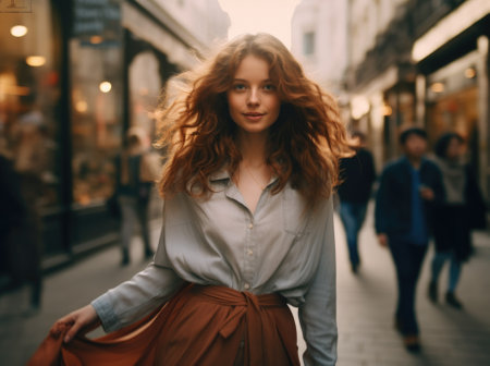 A woman with red hair walking down a street. AIの素材