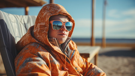 A man in an orange jacket and sunglasses sitting on a beach. AIの素材