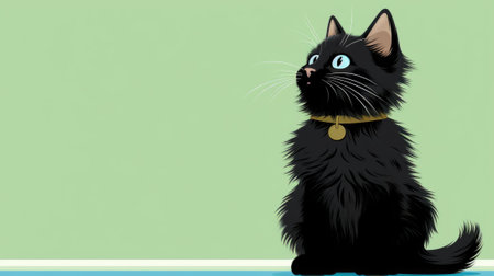 A black cat sitting on a green background, AIの素材