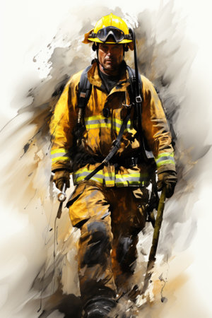 A painting of a walking fireman, AIの素材