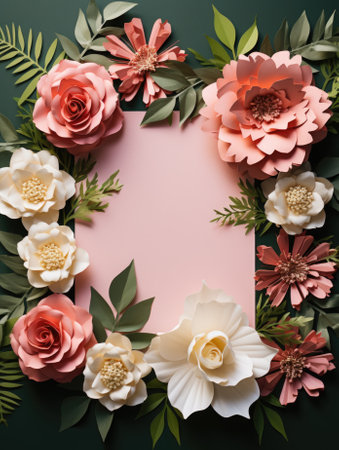Paper flowers on a green background with a blank space, AIの素材