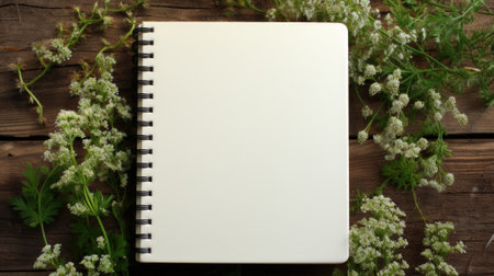 A blank notebook on a wooden background with flowers, AIの素材