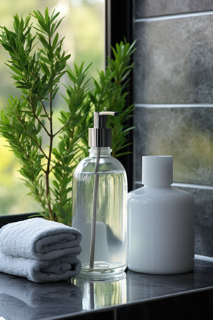 A bathroom with a sink, soap, and towel, AIの素材