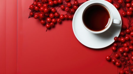 Cup of coffee and red berries on red background, AIの素材