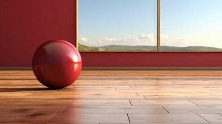 A red ball sitting on a wooden floor in front of a window, AIの素材