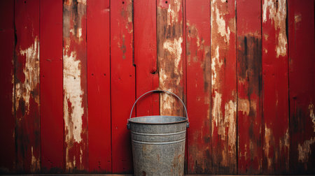 A rusty bucket against a red wall, AIの素材
