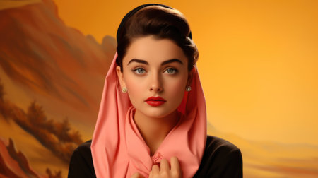 A retro woman in a pink scarf and black dress, AIの素材