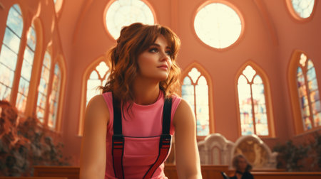 A woman in a pink dress sitting in a church, AIの素材