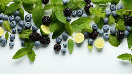 Fresh blueberries, blackberries and mint leaves on white background, AIの素材