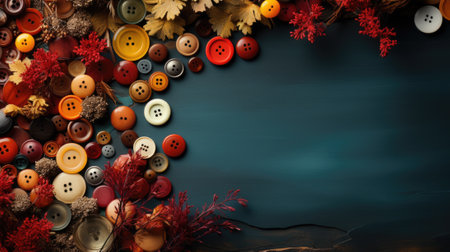 Autumn button frame with autumn leaves and berries on dark background, AIの素材