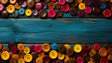 Colorful buttons on blue wooden background, AIの素材
