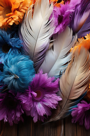 Colorful feathers and flowers on a wooden table, AIの素材