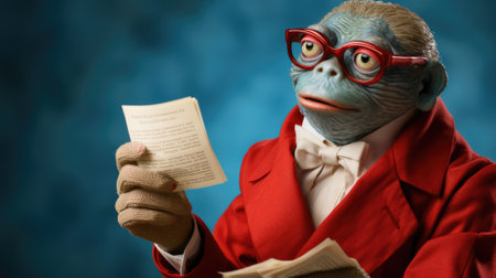 A weird creature wearing glasses and a red suit holding a piece of paper, AIの素材