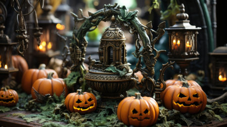 Halloween pumpkins and lanterns on a table, AIの素材