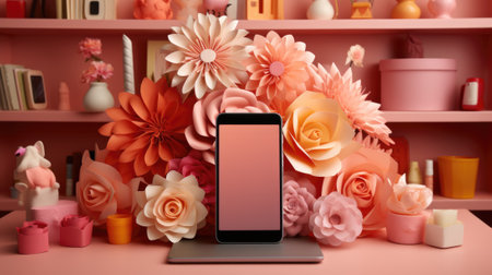 A smartphone is sitting on a table surrounded by paper flowers, AIの素材