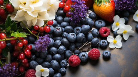 Fresh berries and flowers are arranged on a table, AIの素材
