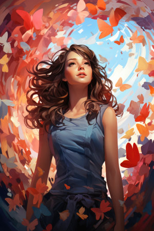 A woman in a blue dress surrounded by butterflies, AIの素材