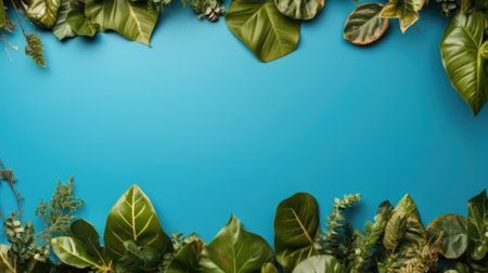 A blue background with green leaves and plants, AIの素材