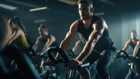 A group of people riding stationary bikes in a gym. AIの素材