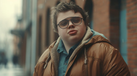 A young obese man wearing glasses and a jacket. AIの素材