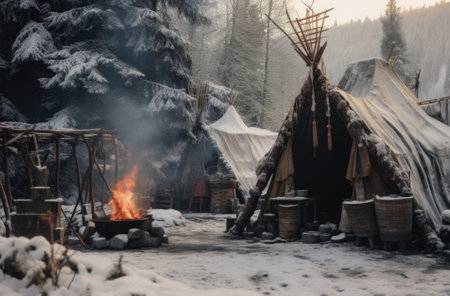 A teepee is set up in the snow with a fire. AIの素材
