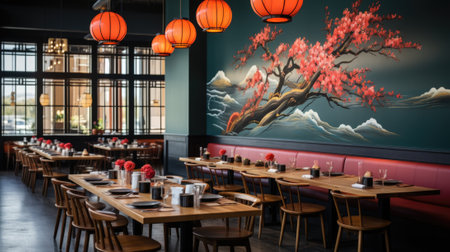 The asian restaurant with a mural on the wall. AIの素材