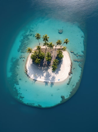 An aerial view of a small island with palm trees. AIの素材