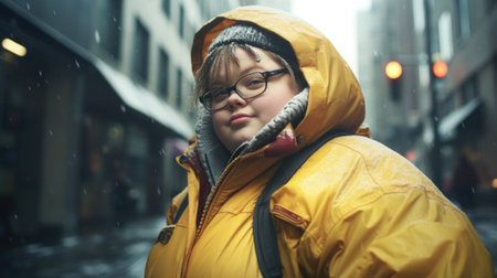 An young obese woman in a yellow raincoat and glasses standing in the rain. AIの素材