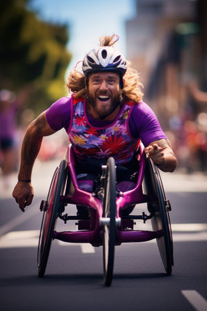 A man in a wheelchair is smiling while riding a bike. AIの素材