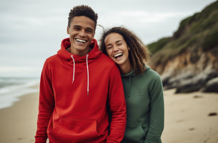 A couple in red and green hoodies standing on the beach. AIの素材