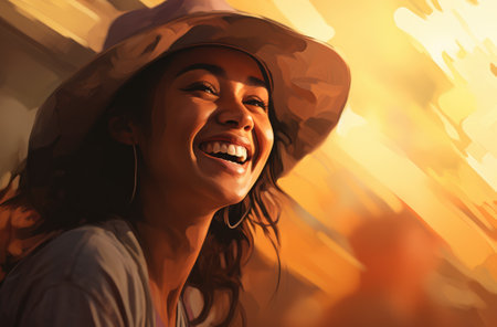 A woman wearing a hat smiles in front of a sun. AIの素材