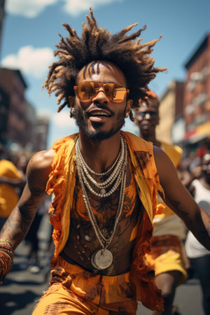 A man with dreadlocks and sunglasses is running through the street or dancing, AIの素材
