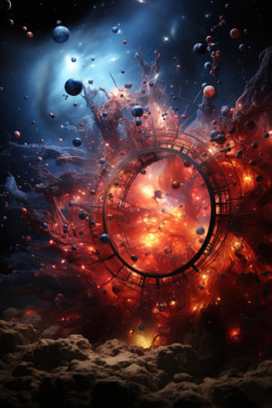 An abstract space scene with a circular structure and a red and black background, AIの素材