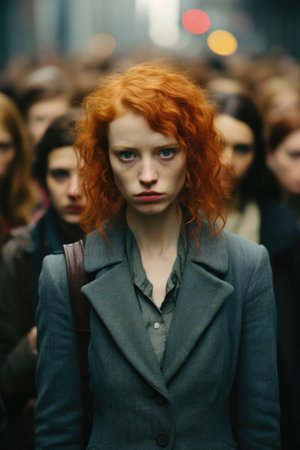 A woman with red hair and depression standing in a crowd, AIの素材