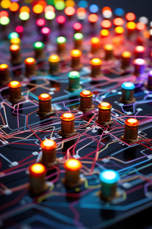 A close up of a circuit board with many colored lights, AIの素材