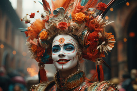 A woman with a colorful festive carnival headdress and makeup, AIの素材