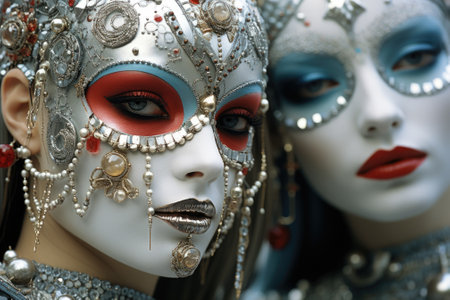 Two women with stage festive makeup wearing masks with silver and gold, AIの素材