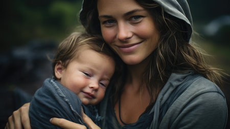 A woman with a baby in her arms, AIの素材