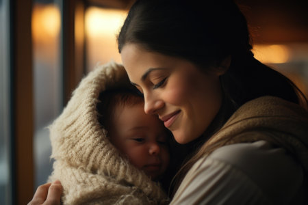 A woman holding a baby in a blanket, AIの素材
