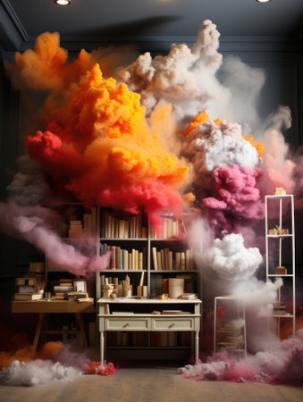 A room with bookshelves and a table with smoke coming out of it, AIの素材