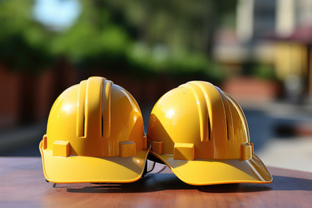 Two yellow hard hats on a table, AIの素材