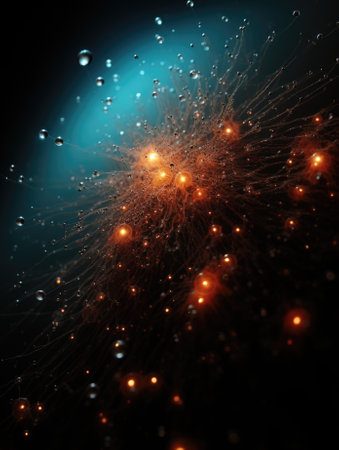 A glowing abtraction of neural network sphere with many lights and sparks, AIの素材