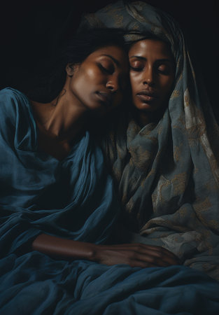 Two women in blue wrap laying down together, AIの素材