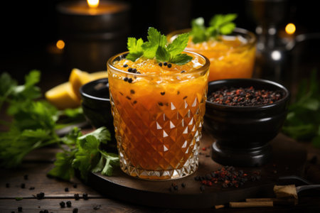 Orange juice with mint and herbs on a wooden table, AIの素材