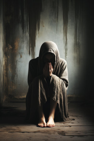A person in a hooded robe sitting on the floor, AIの素材