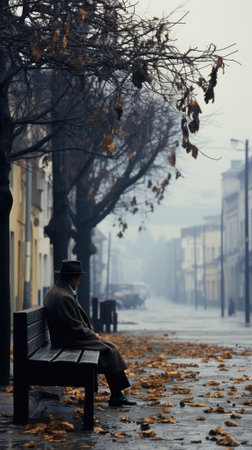 A lonely man sitting on a bench in the rain, AIの素材