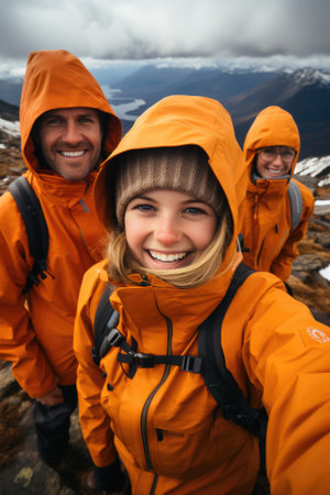 Three people in orange on the top of mountain jackets taking a selfie, AIの素材