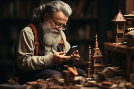 An old man with a beard and glasses sitting in front of a toy house, AIの素材